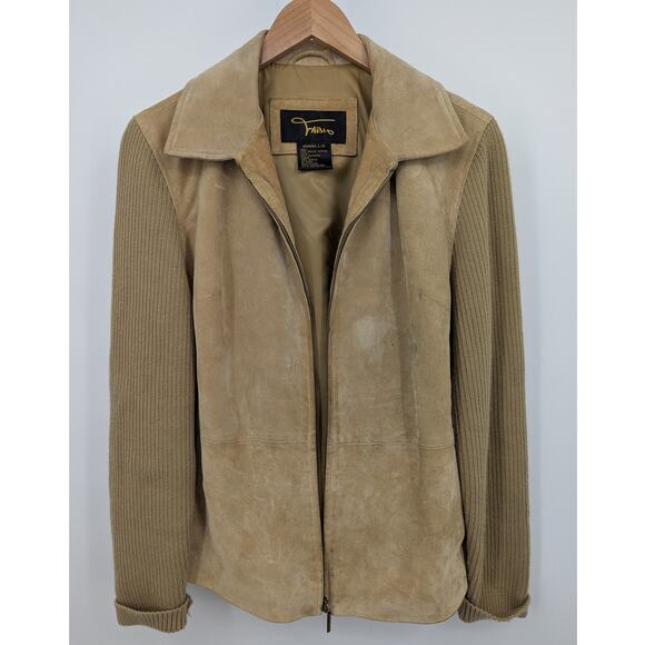 Vintage Fabio Women’s Large Tan Suede Leather Jacket Knit Sleeves Zip Front - Picture 1 of 6